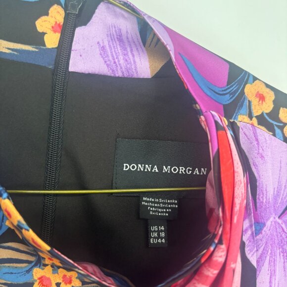 Donna Morgan High Asymmetric Neck Long Sleeve Mini Dress Lillies Black/Lilac 14 - Picture 5 of 8